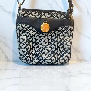 Tommy Hilfiger Gold Logo Fabric Crossbody Handbag Purse Bag Navy Blue Clean